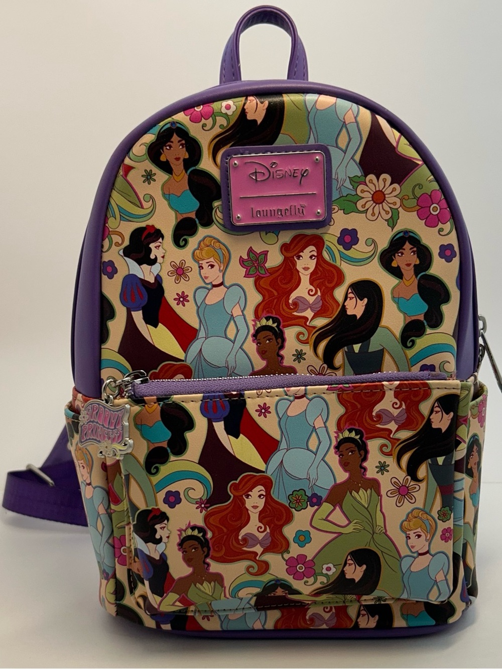 Loungefly Disney Princess Groovy Floral Mini Backpack Purple Ariel Tiana⁠ Jasmin